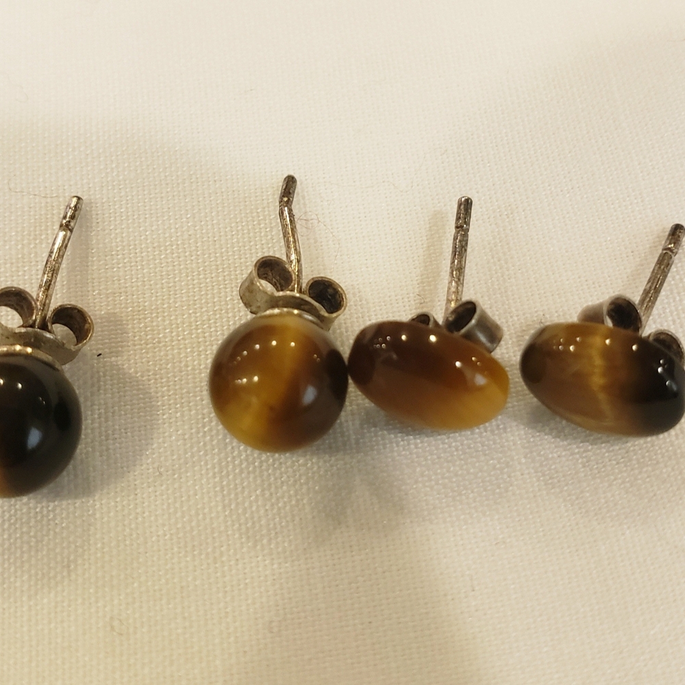 2 Pairs- Tiger's Eye Brown Stud Earrings- Round & Oval - Picture 3 of 4